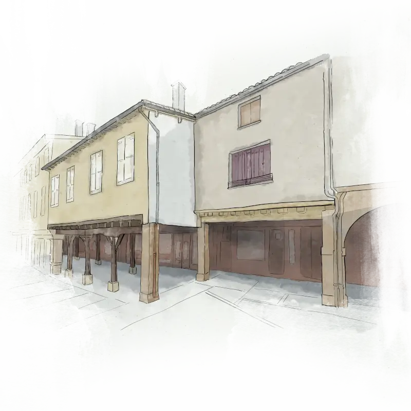 Aquarelle des couverts de la place centrale de Réalmont, maisons sur piliers de bois