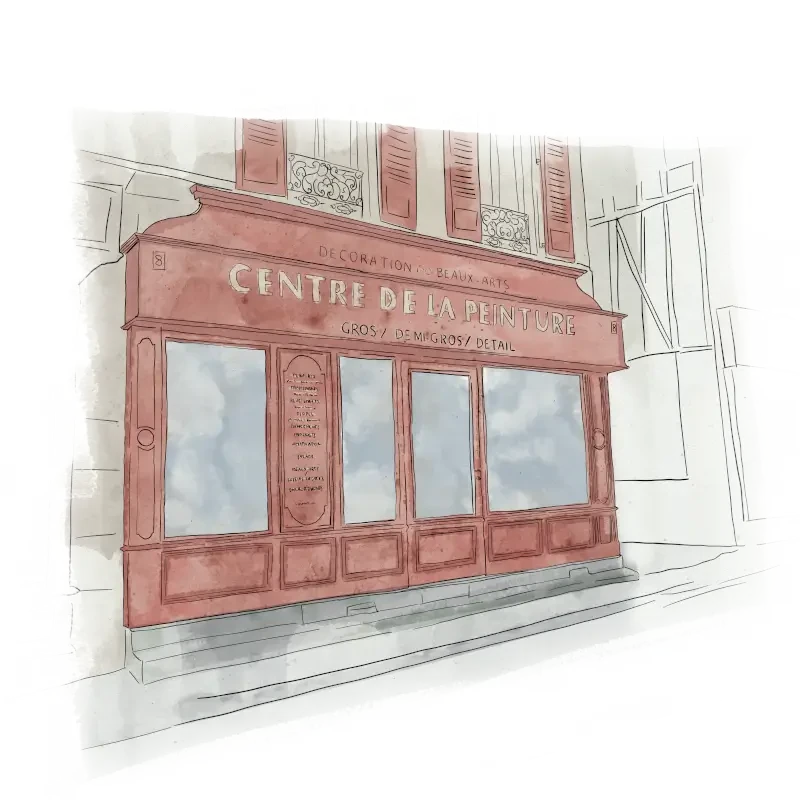 Dessin d’une échoppe du XIXe siècle à devanture en bois