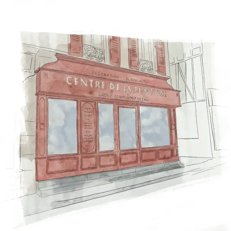Dessin d’une échoppe à devanture rouge à Réalmont