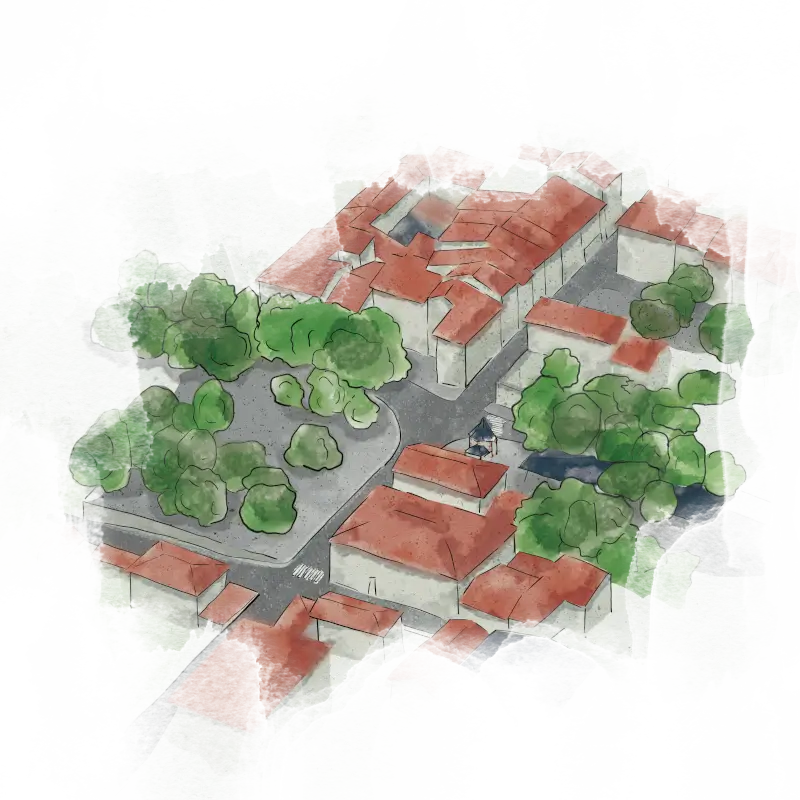 Vue aérienne aquarellée du quartier de l’ancienne porte Barthélemy
