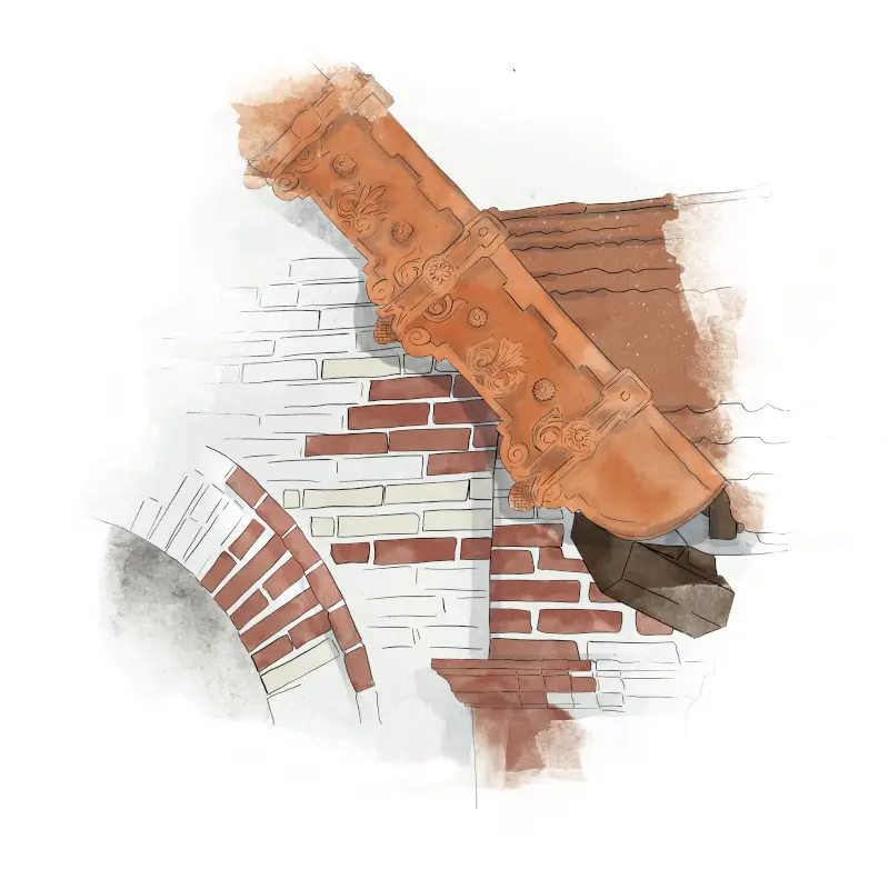 Détail des briques rouges et jaunes du lavoir