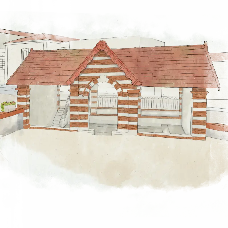 Aquarelle du lavoir de Réalmont, en briques rouges et jaunes
