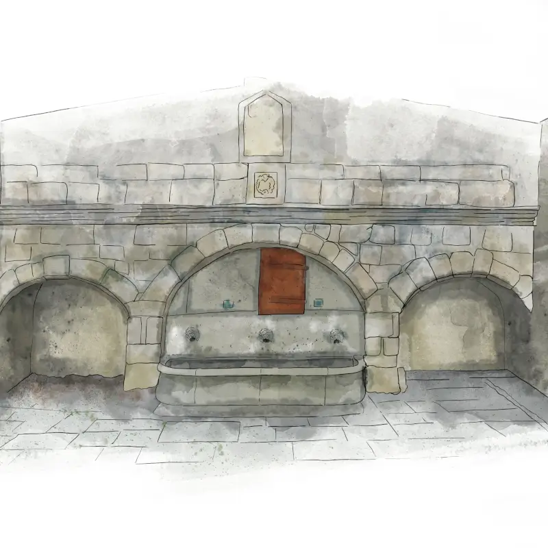 Dessin de la fontaine de la Fréjaire et de ses trois arches