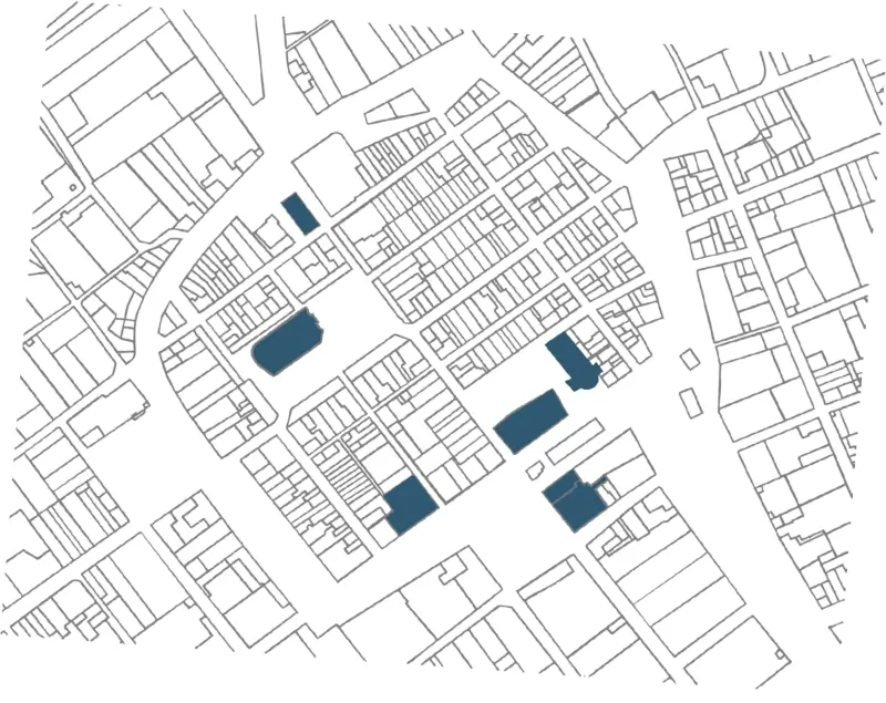 Plan de la bastide situant les six lieux de culte